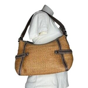 FOSSIL Straw Shoulder Bag Brown Vegan Leather Trim Striped Fabric Lining